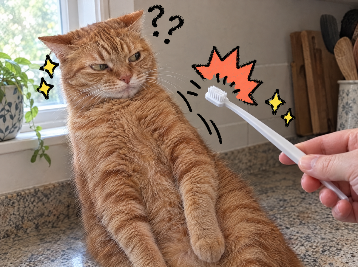 Cat giving a toothbrush a suspicious look