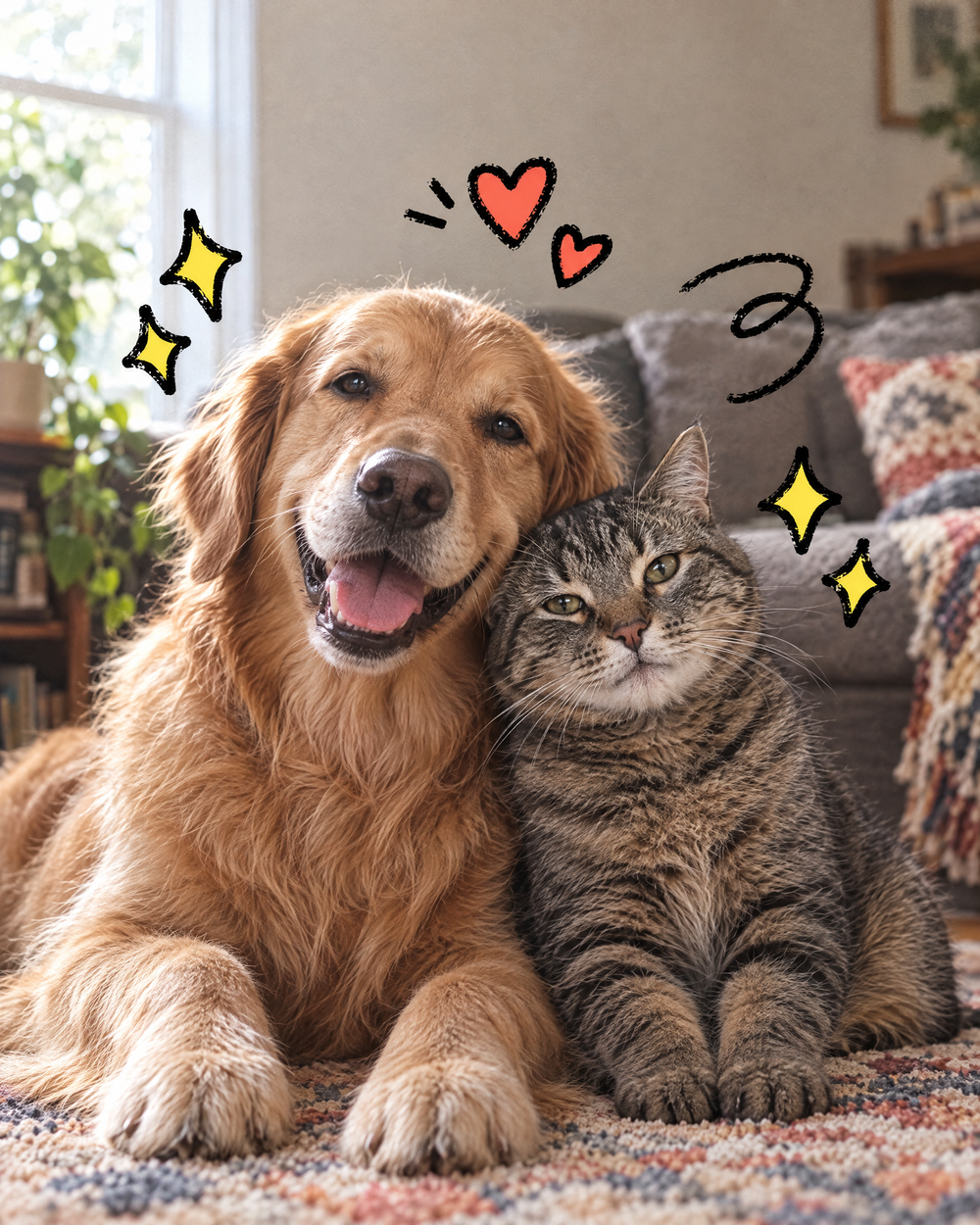 A dog and a cat sitting side by side on a living room rug