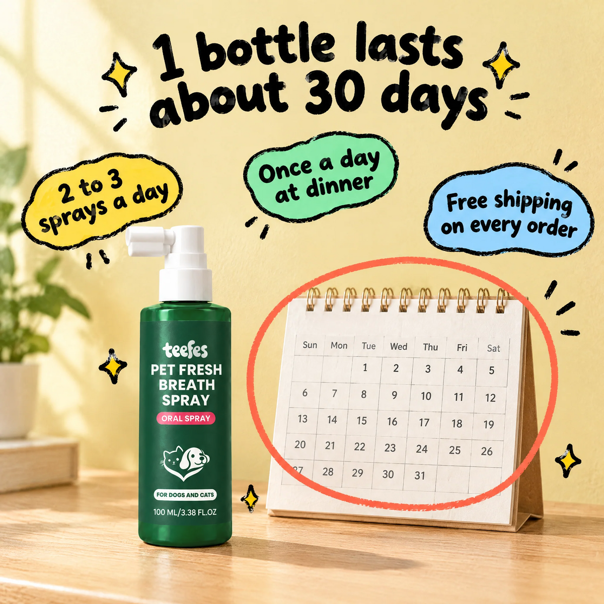 One Teefes bottle lasts about 30 days: 2 to 3 sprays a day, once a day at dinner, free shipping on every order