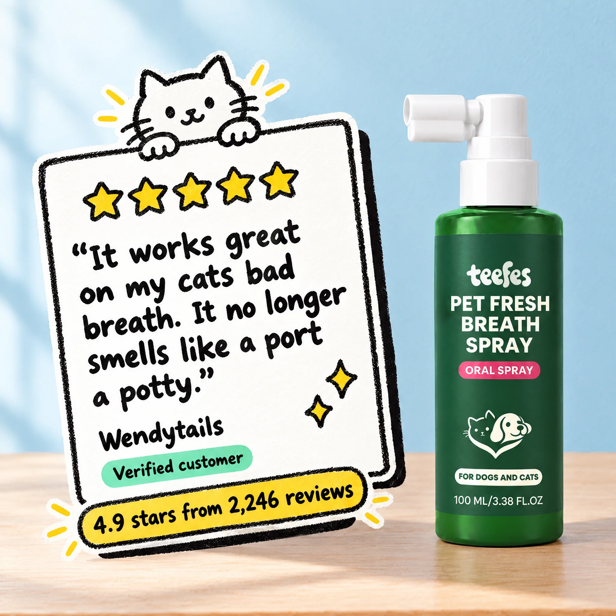 Five star review from Wendytails: It works great on my cats bad breath. It no longer smells like a port a potty.