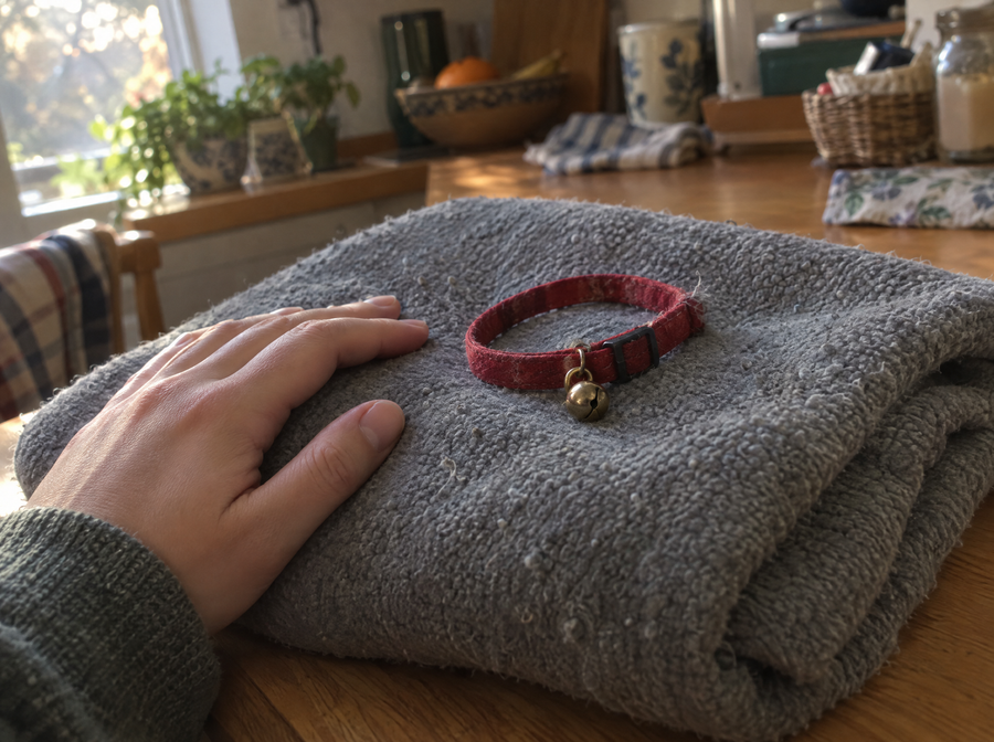 A folded fleece blanket with a small cat collar and a hand resting beside it