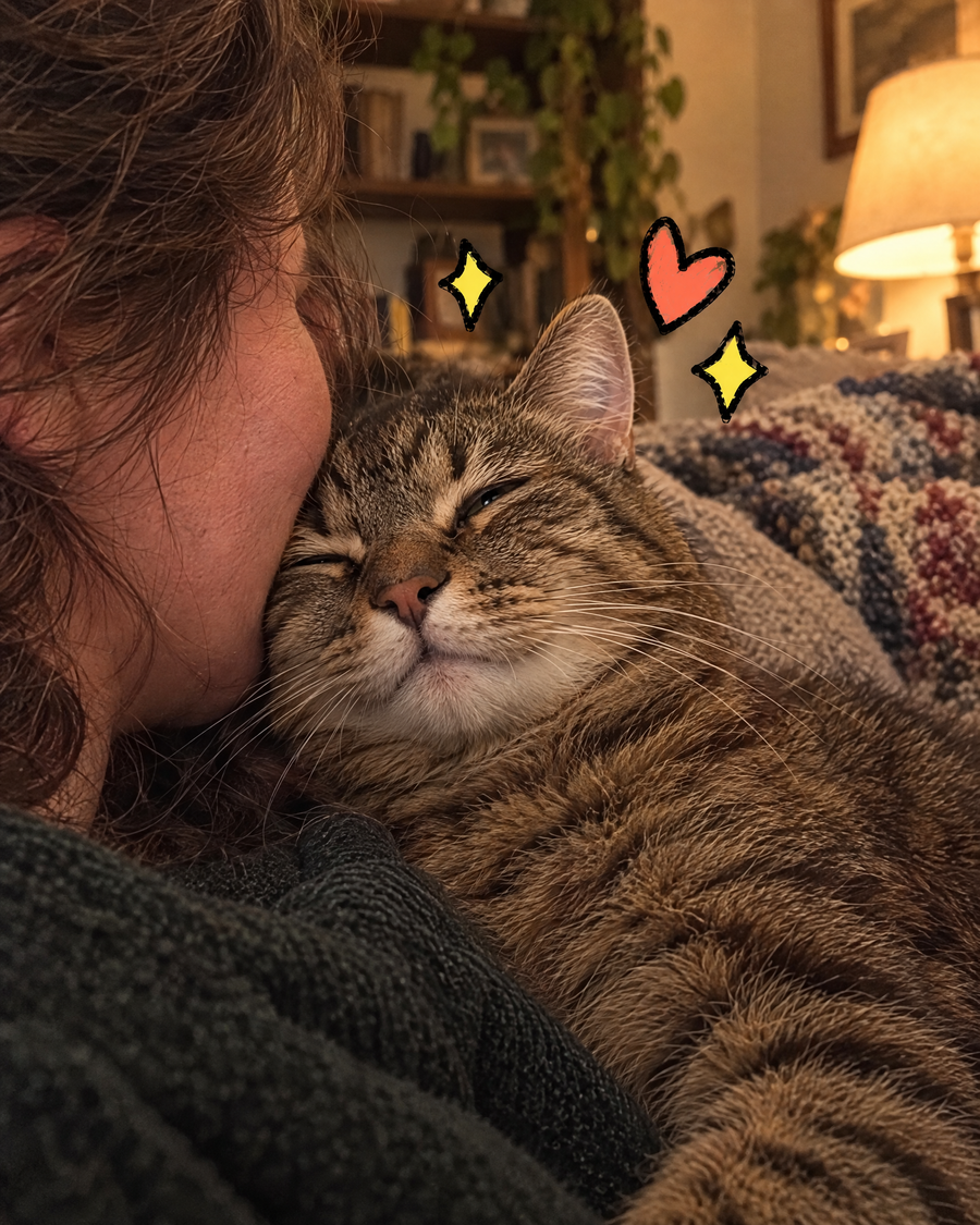 A tabby cat pressing its head against its owner's cheek on the couch