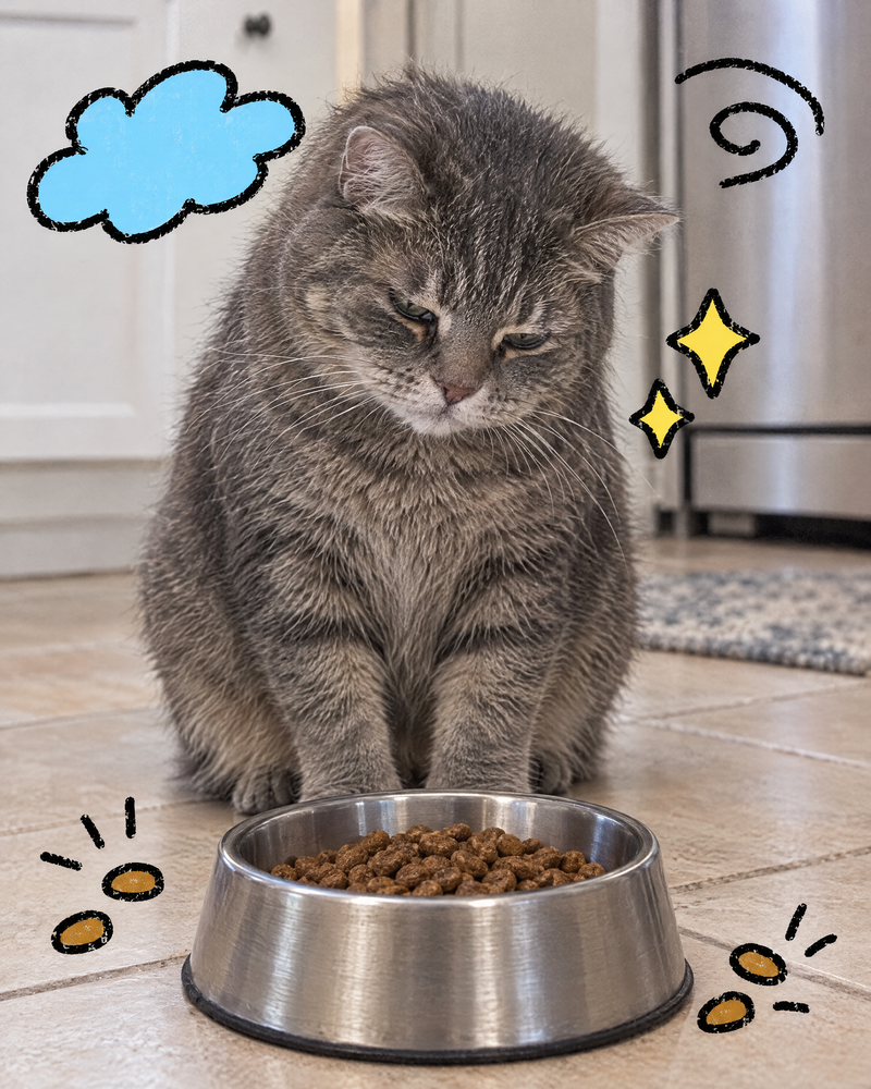 An indoor cat eating from a bowl
