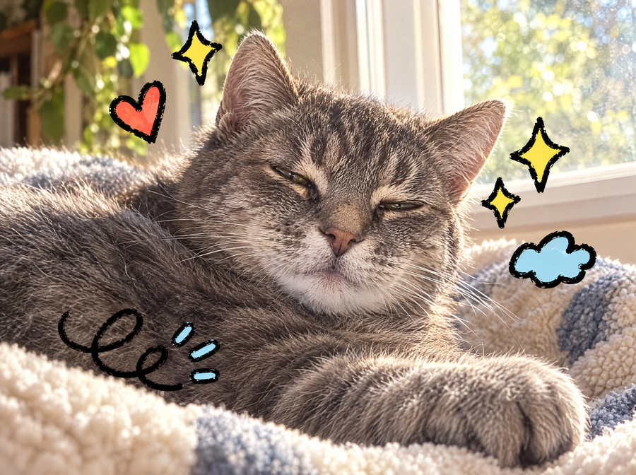A gray muzzled senior cat asleep in the sun