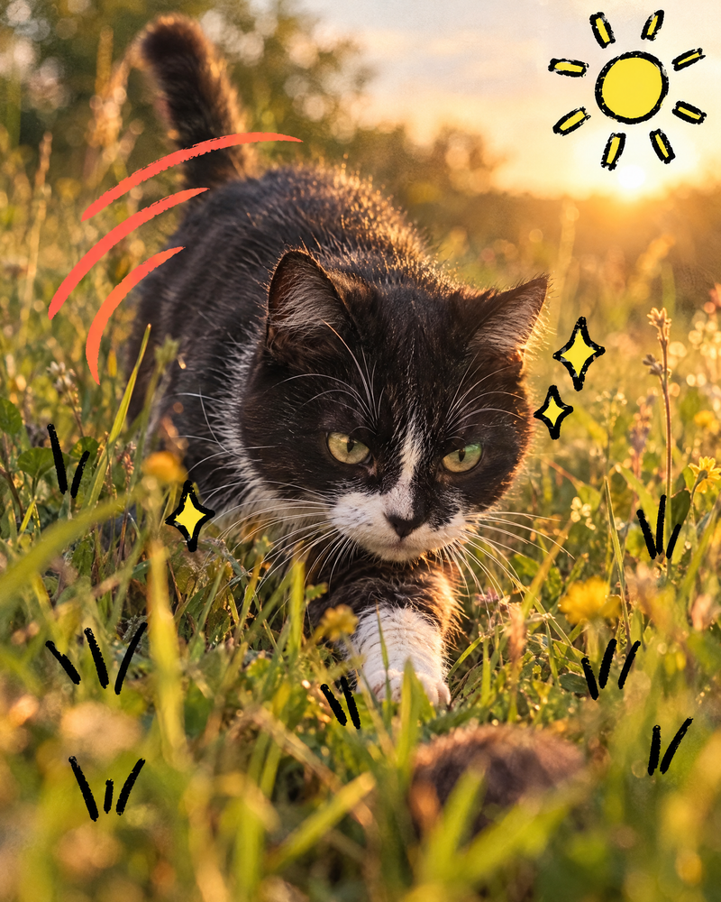 A cat hunting in tall grass
