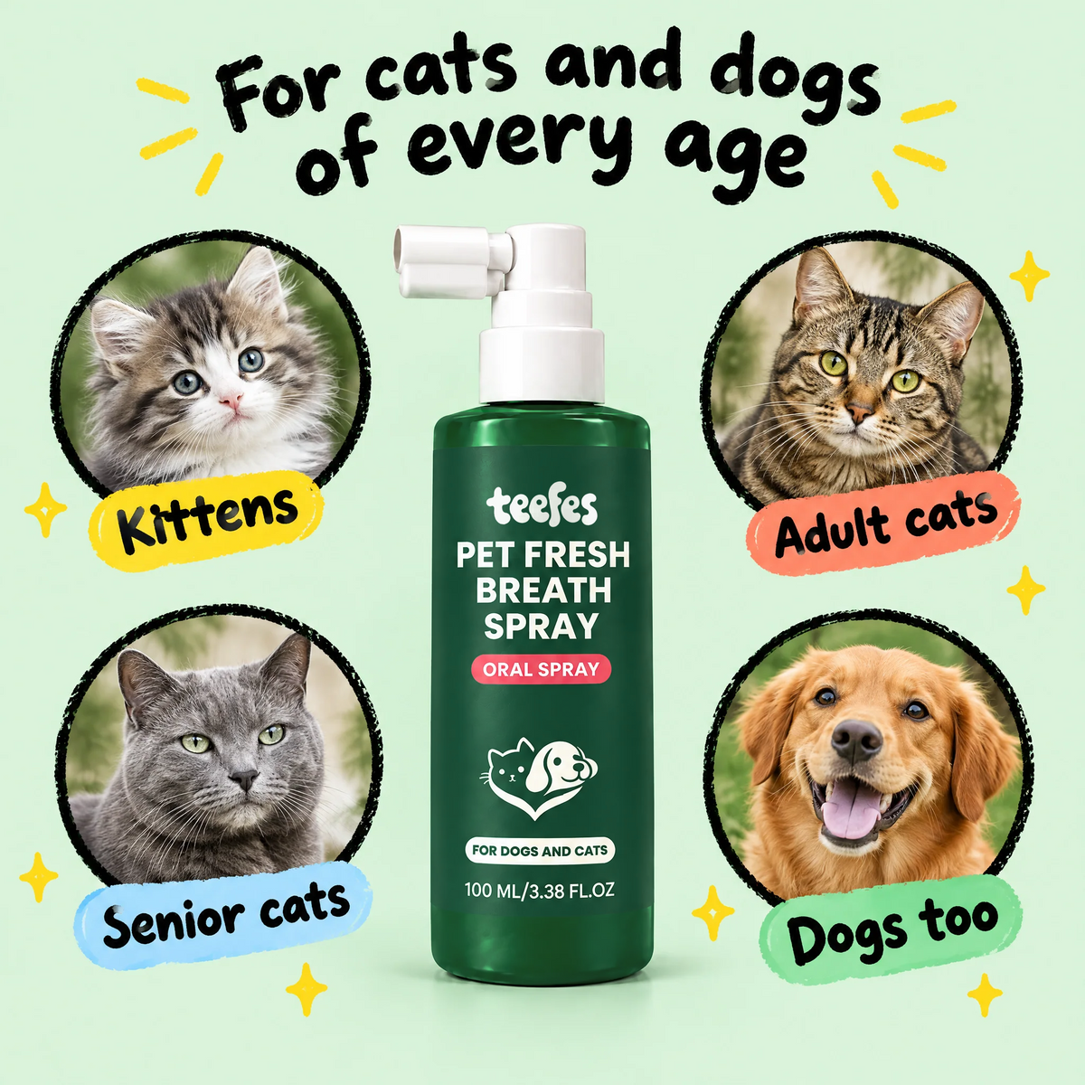 Teefes for cats and dogs of every age: kittens, adult cats, senior cats, dogs too