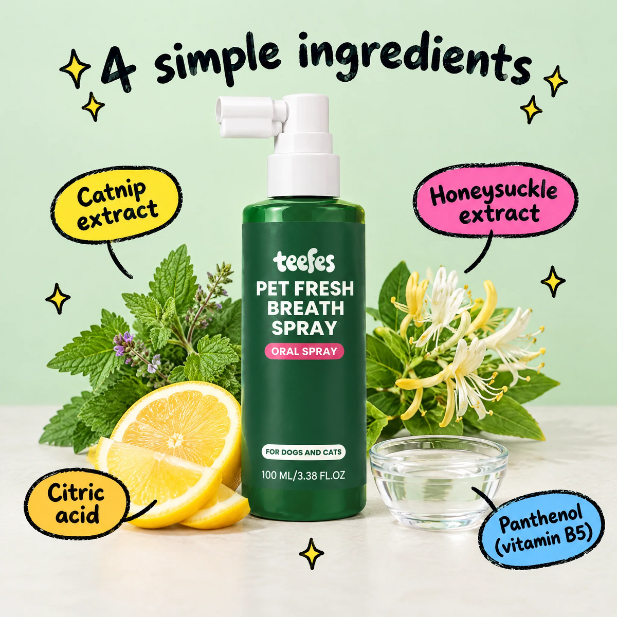 Teefes bottle with its 4 ingredients: catnip extract, honeysuckle extract, citric acid, panthenol