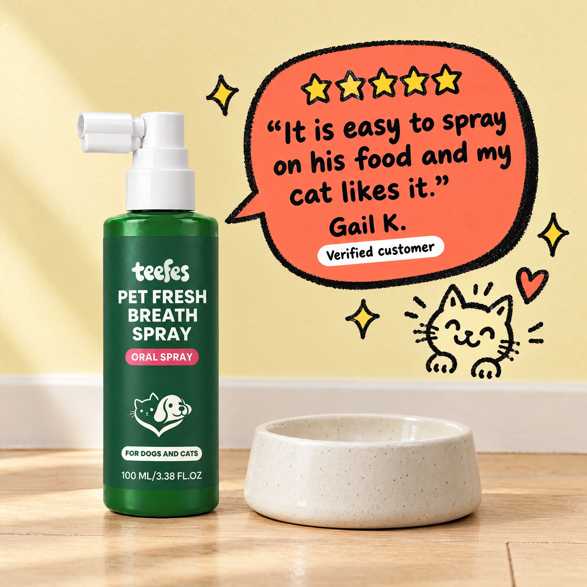 Five star review from Gail K.: It is easy to spray on his food and my cat likes it.