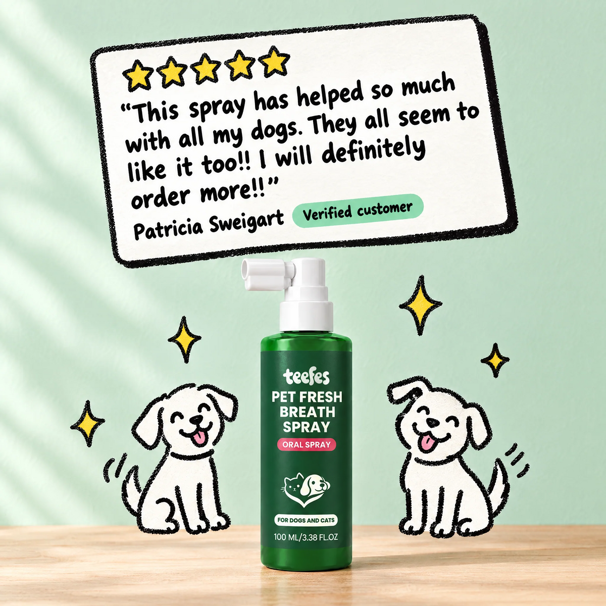 Five star review from Patricia Sweigart: This spray has helped so much with all my dogs. They all seem to like it too. I will definitely order more.