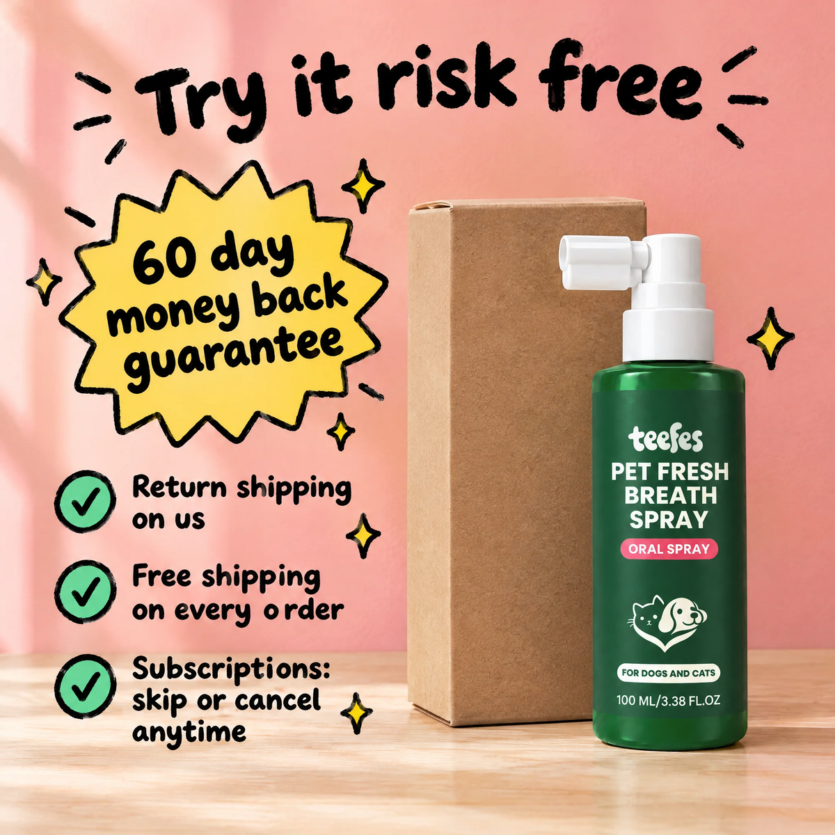 Try Teefes risk free: 60 day money back guarantee, return shipping on us, free shipping on every order