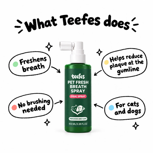 Teefes bottle on white with labels: freshens breath, helps reduce plaque at the gumline, no brushing needed, for cats and dogs