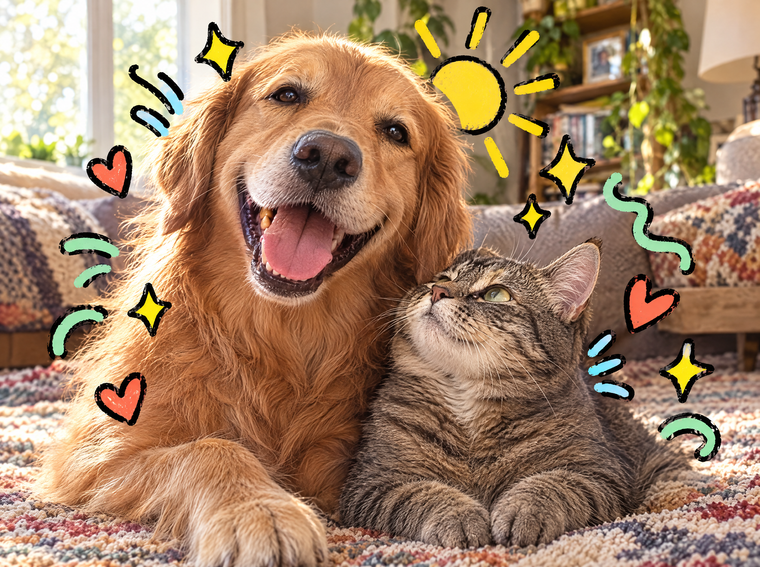 A happy dog and cat sitting together