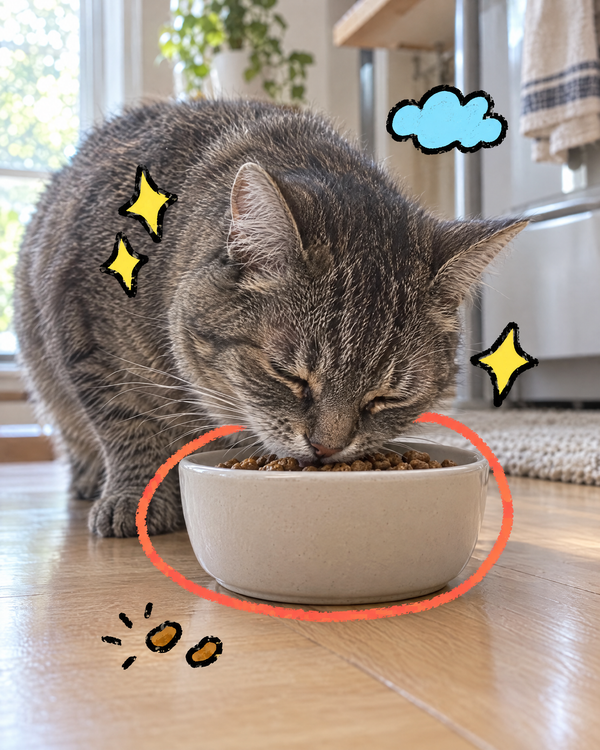 An indoor cat eating kibble from a bowl